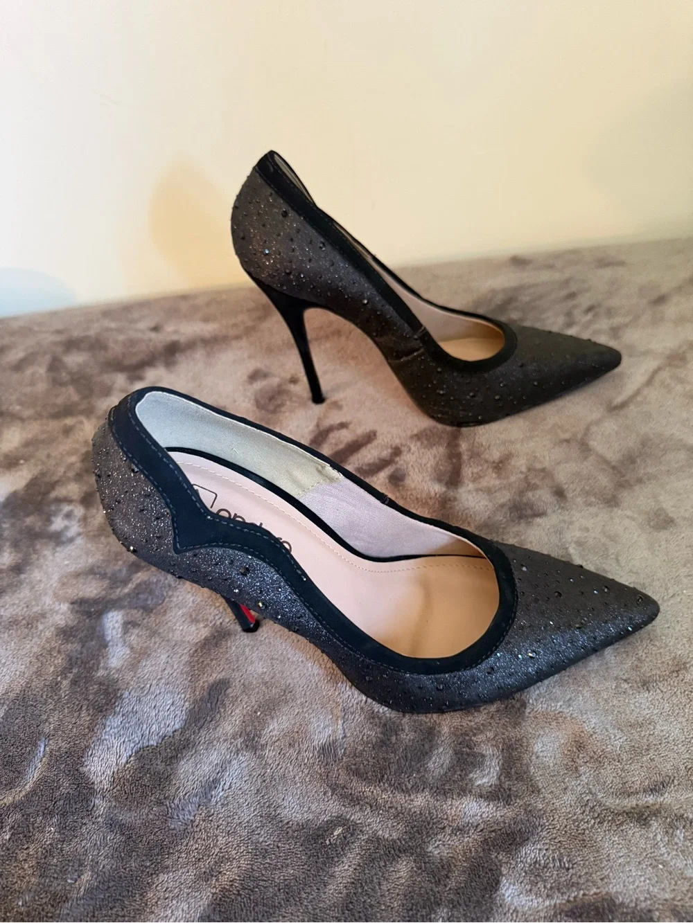 Black Pointed Toe Embellished Heels